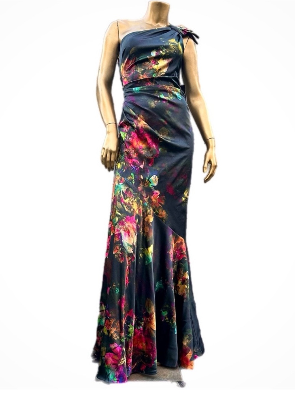 Rickie Freeman Teri Jon Colorful Floral Shoulder Gown stretch silk bodycon, 8